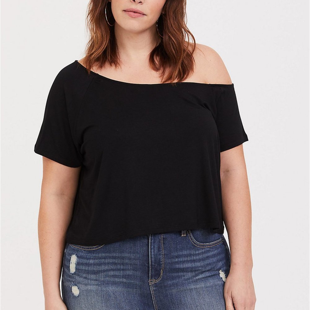 TORRID SUPER SOFT BLACK OFF SHOULDER CROP TEE